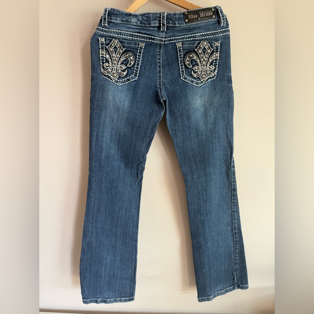 Miss Chic USA Womens Bootcut Jeans Medium Wash Rhinestone Fleur De Lis - Picture 2 of 5